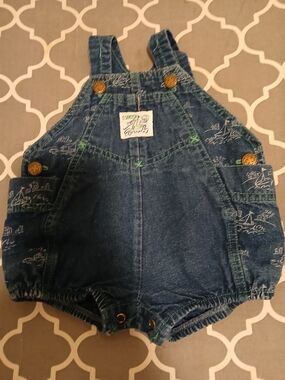 Vintage OshKosh B'gosh Vestbak Navy Denim Shortall with Green Stitching Sailboat